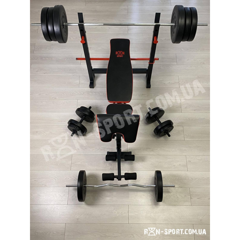 ТОП! Скамья для жима ReadMeBlack + Штанга 83 кг, гриф W, гантели RN-Sport
