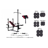Скамья для жима с тягой, штанга, 4 грифа и 115 кг дисков