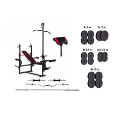 Скамья для жима с тягой, штанга, 4 грифа и 115 кг дисков