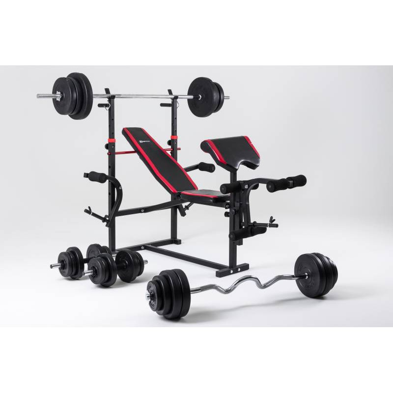 Скамья для жима с тягой, штанга, 4 грифа и 115 кг дисков