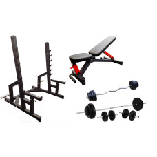 Профессиональная скамья со стойками RN-Sport black rock + 4 грифа, 80 кг блинов