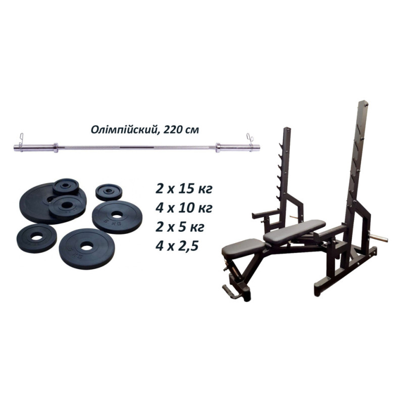 Скамья Black Rock + Стойки Black Rock + Штанга обрезиненная RN-Sport 105 кг с олимпийским грифом