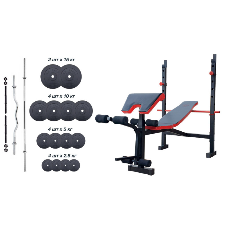 Скидка! Скамья для жима ReadMeBlack + 4 грифа, 100 кг дисков RN-Sport