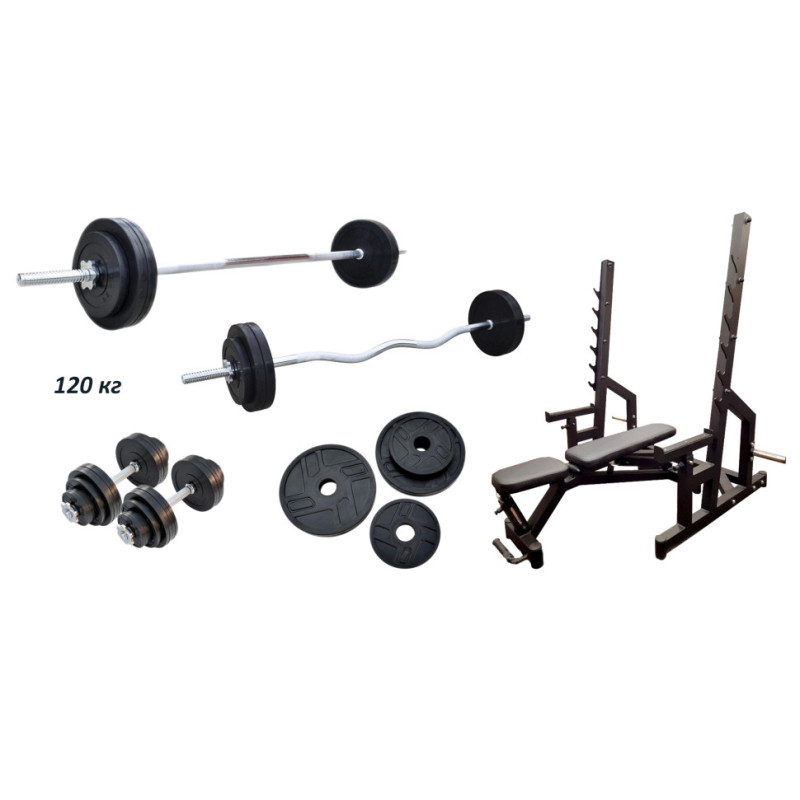Скамья Black Rock + Стойки Black Rock + Набор металлических обрезиненных дисков 120 кг