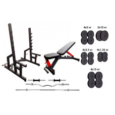 Профессиональная скамья со стойками RN-Sport black rock + 4 грифа, 115 кг блинов