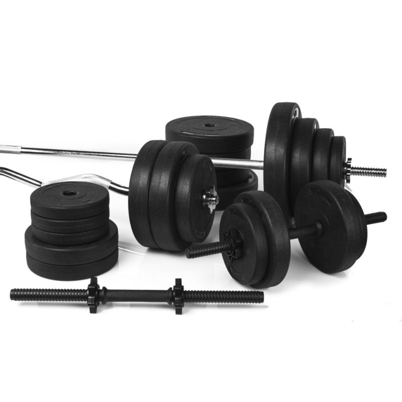 Профессиональная скамья со стойками RN-Sport black rock + 4 грифа, 115 кг блинов