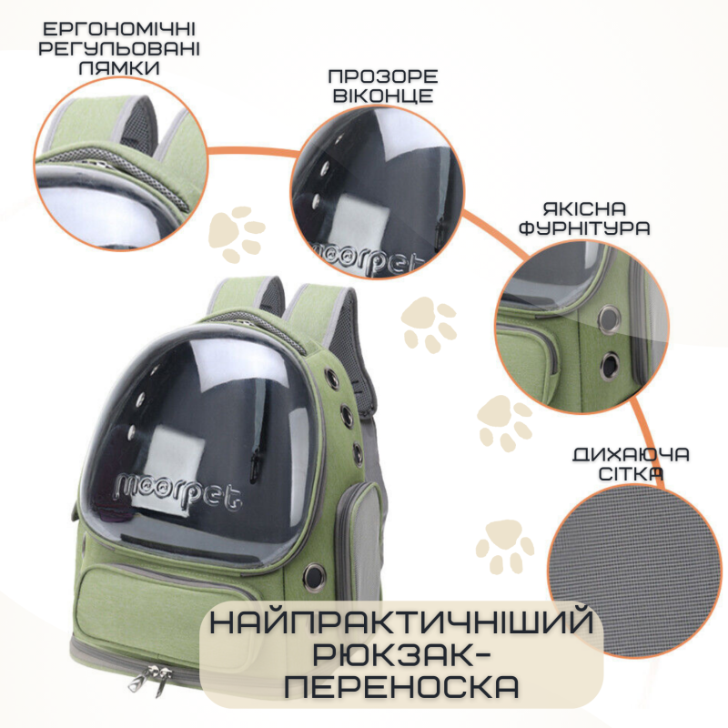 Рюкзак Для Кота с Прозрачными Стенками 42*34*27 см Переноска Для Путешествий с Животными до 7 кг MoorPet Зеленая