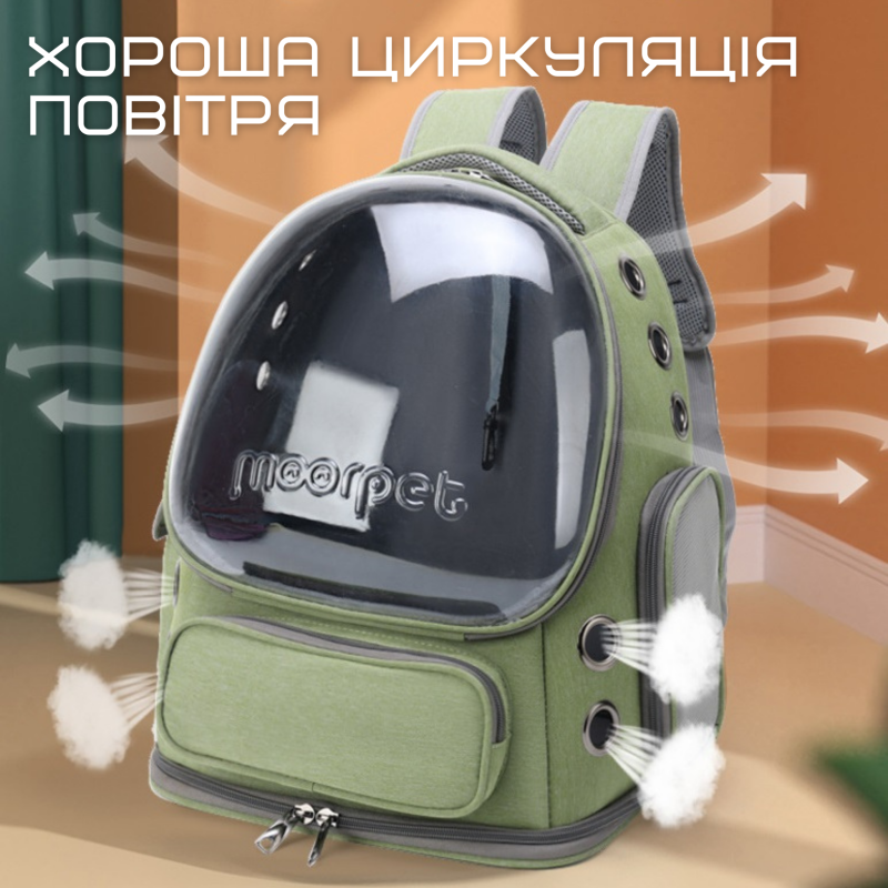 Рюкзак Для Кота с Прозрачными Стенками 42*34*27 см Переноска Для Путешествий с Животными до 7 кг MoorPet Зеленая