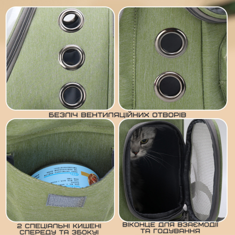 Рюкзак Для Кота с Прозрачными Стенками 42*34*27 см Переноска Для Путешествий с Животными до 7 кг MoorPet Зеленая