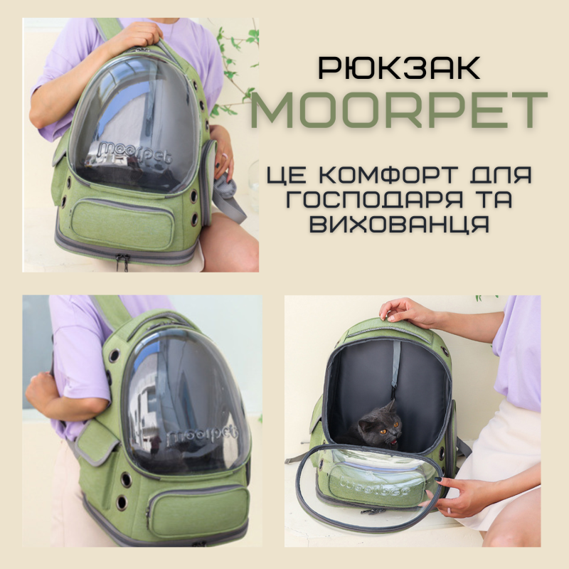 Рюкзак Для Кота с Прозрачными Стенками 42*34*27 см Переноска Для Путешествий с Животными до 7 кг MoorPet Зеленая
