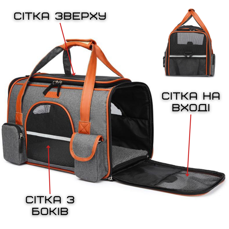 Сумка Переноска Для Кота Складная Сумка Для Домашних Животных с Прозрачными Стенками и Креплениями к Чемодану и Авто до 7 кг Светло Серая