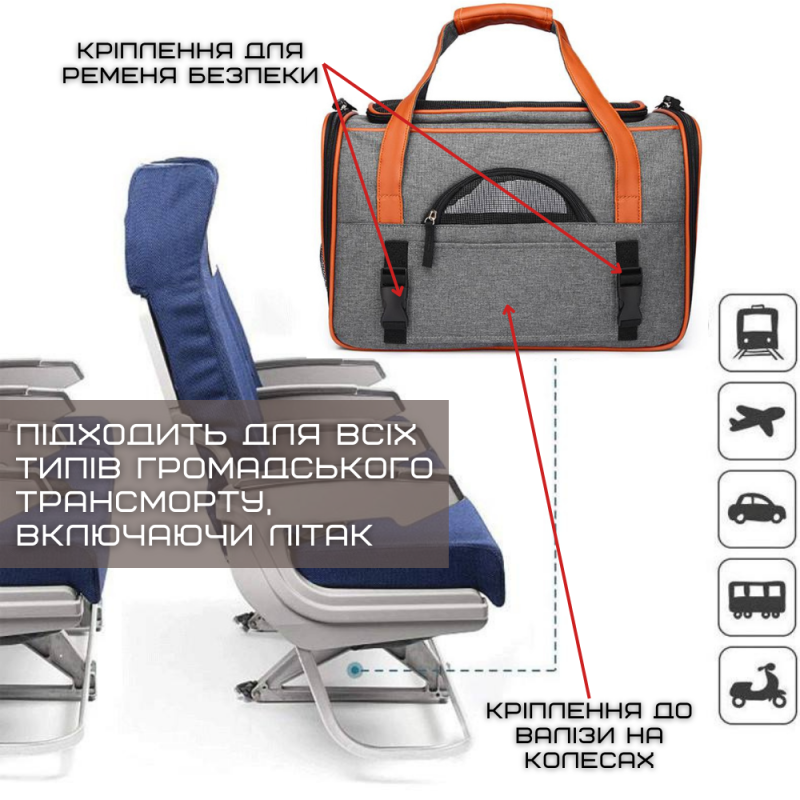 Сумка Переноска Для Кота Складная Сумка Для Домашних Животных с Прозрачными Стенками и Креплениями к Чемодану и Авто до 7 кг Светло Серая