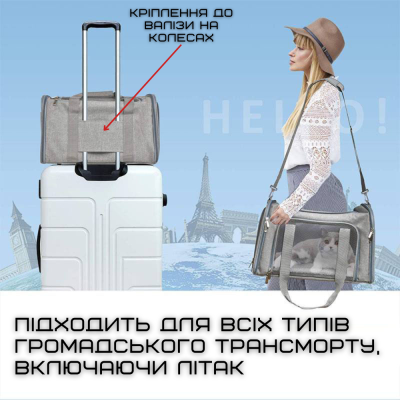 Сумка Переноска Для Кота Складная с Прозрачными Стенками и Креплениями Сумка Для Домашних Животных до 7 кг Серая