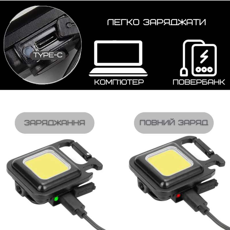 Портативный Замок Фонарик Карманный 4в1 на Магните и Аккумуляторе TYPE-C со Складной Подставкой Чёрный
