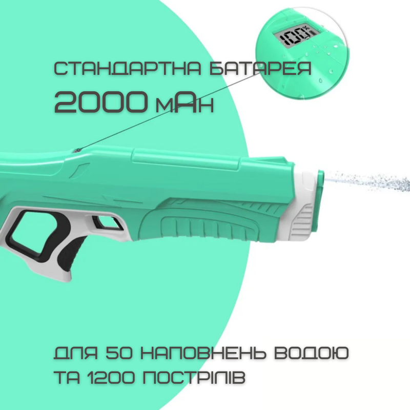 Водный Бластер на Аккумуляторе Мощный Электрический Пистолет Водяной с LED Экраном и Автоматическим Насосом Для Детей и Взрослых Zone Z One Зелёный 0001
