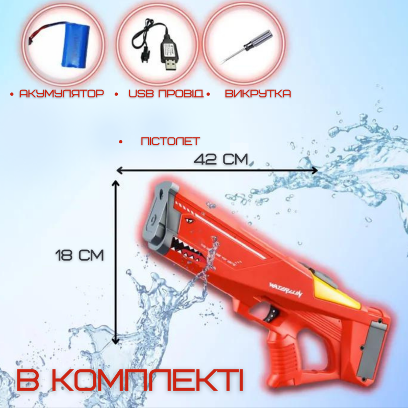 Водный Бластер на Аккумуляторе Электрический Детский Водяной Пистолет Акула Красный