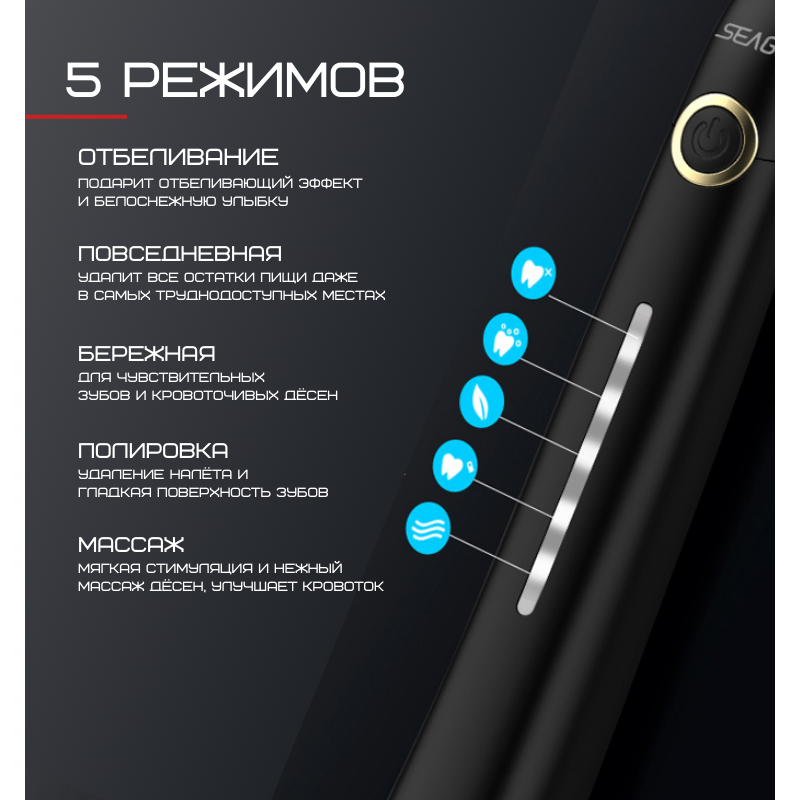Электрическая Звуковая Зубная Щетка Взрослая 10 Насадок + 5 Режимов + Кейс Для Хранения Seago SG958 Черная