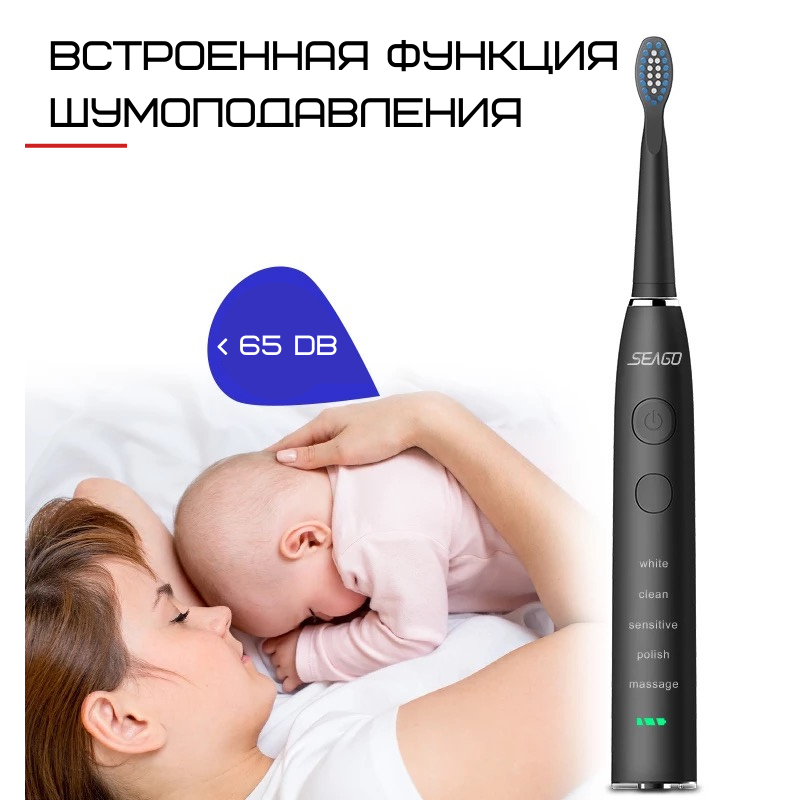 Електрична Зубна Щітка Звукова Доросла Seago SG575 5 Насадок + 5 Режимів + Кейс Для Зберігання Sonic Біла
